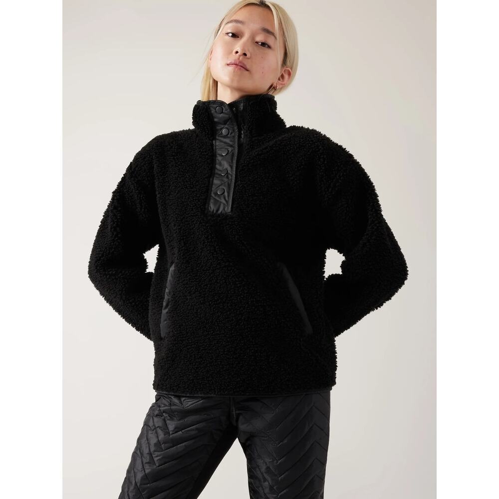 Athleta Cozy Sherpa Snap Sweatshirt Black Zipper Pockets Soft Winter Pullover M